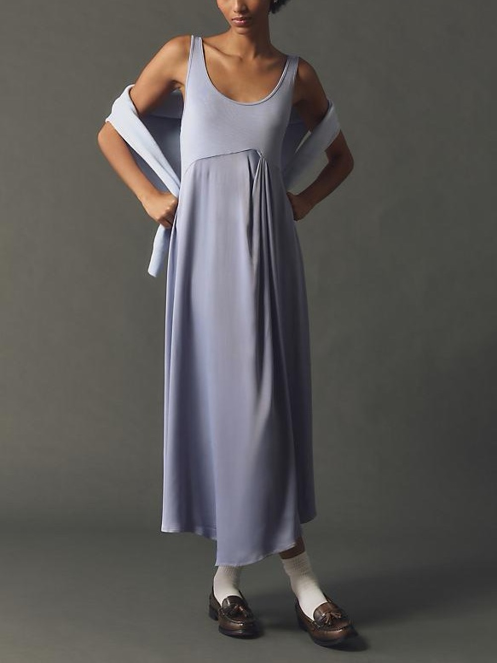 Anthropologie Gemini Midi Dress Size Medium Satin Fairy Purple Comfy Stretch